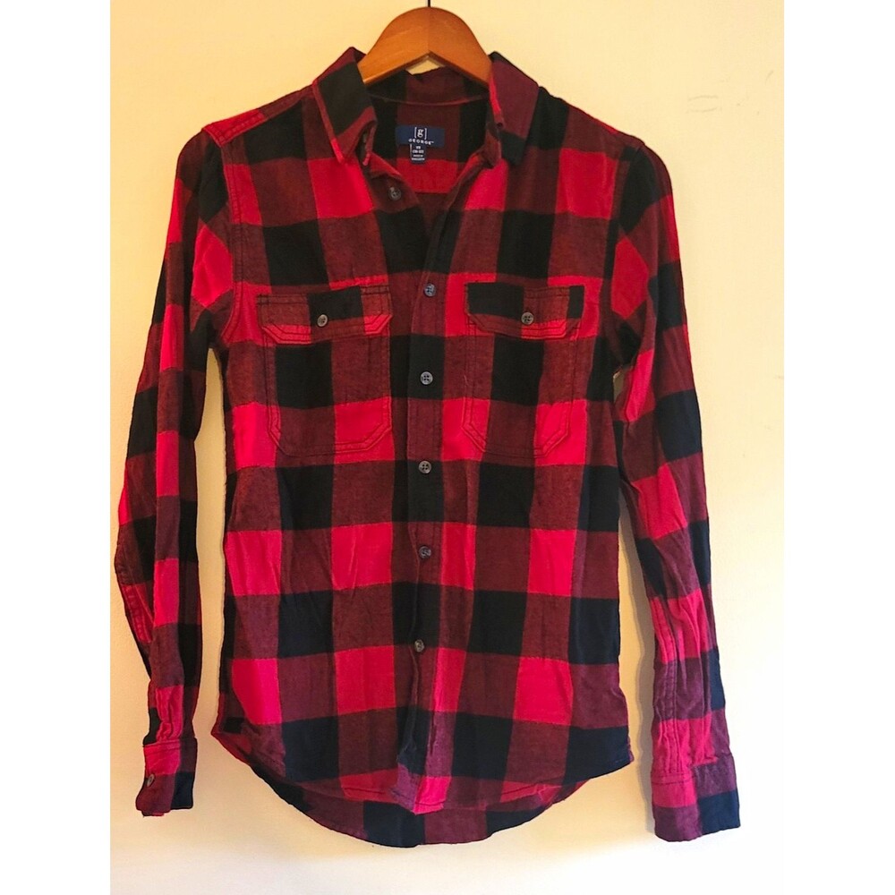 George Men's Red/Black Plaid Flannel Button-Up Long Sleeve Shirt XS 30-32